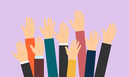 Illustration of raised hands on colorful background.