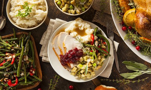 Thanksgiving meal on a table.