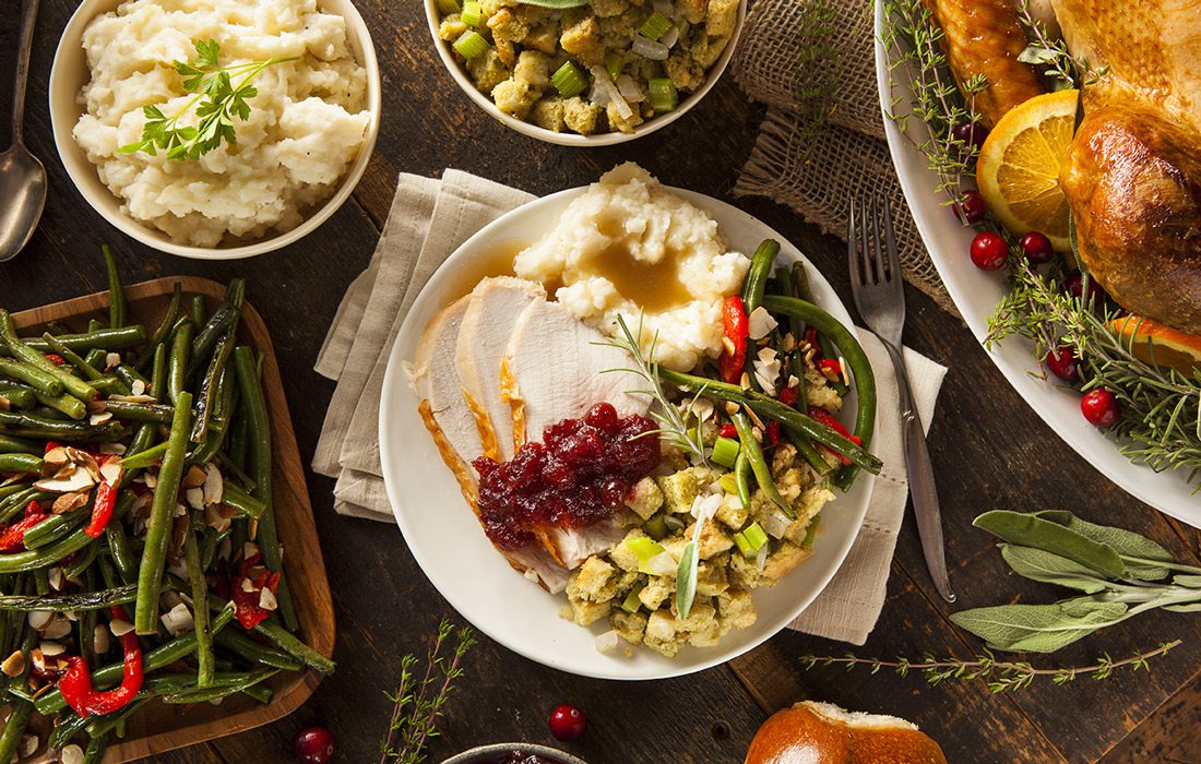 Thanksgiving meal set out on a table.