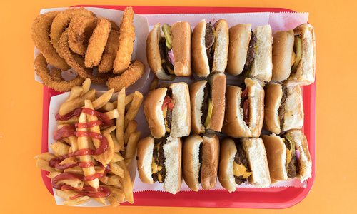 Sliders Burgers Fries Onion Rings on Tray