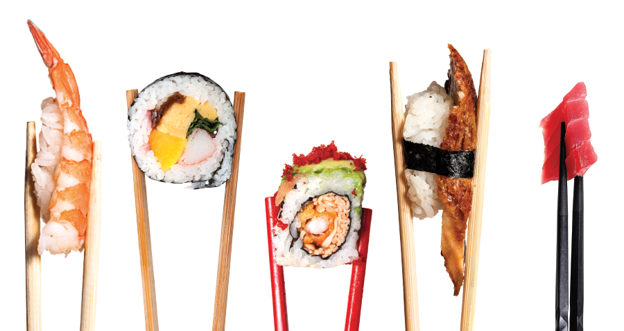 Variety of bright sushi and chopsticks