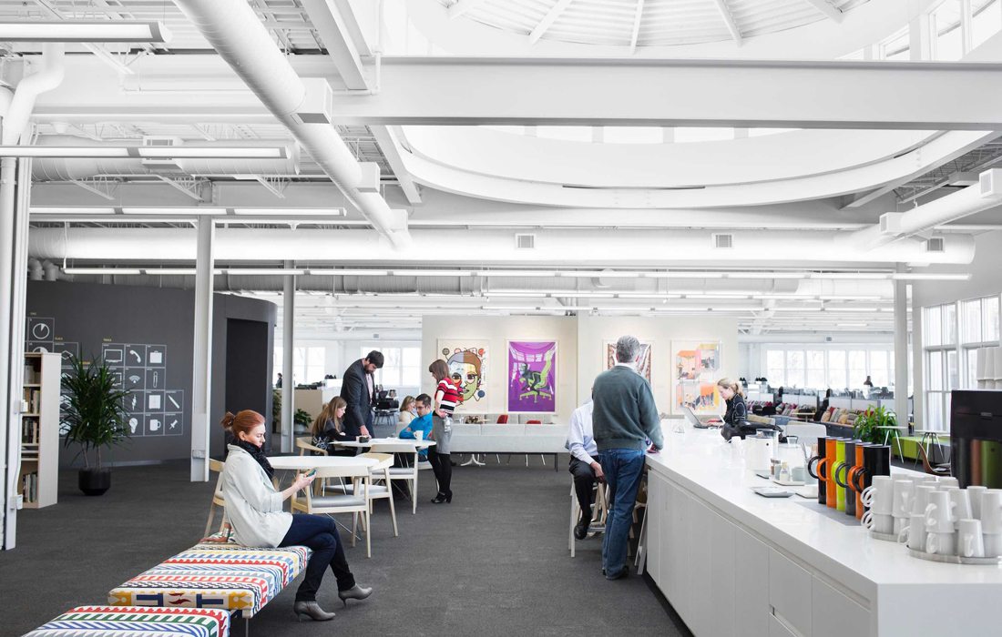 White open office with coffee station