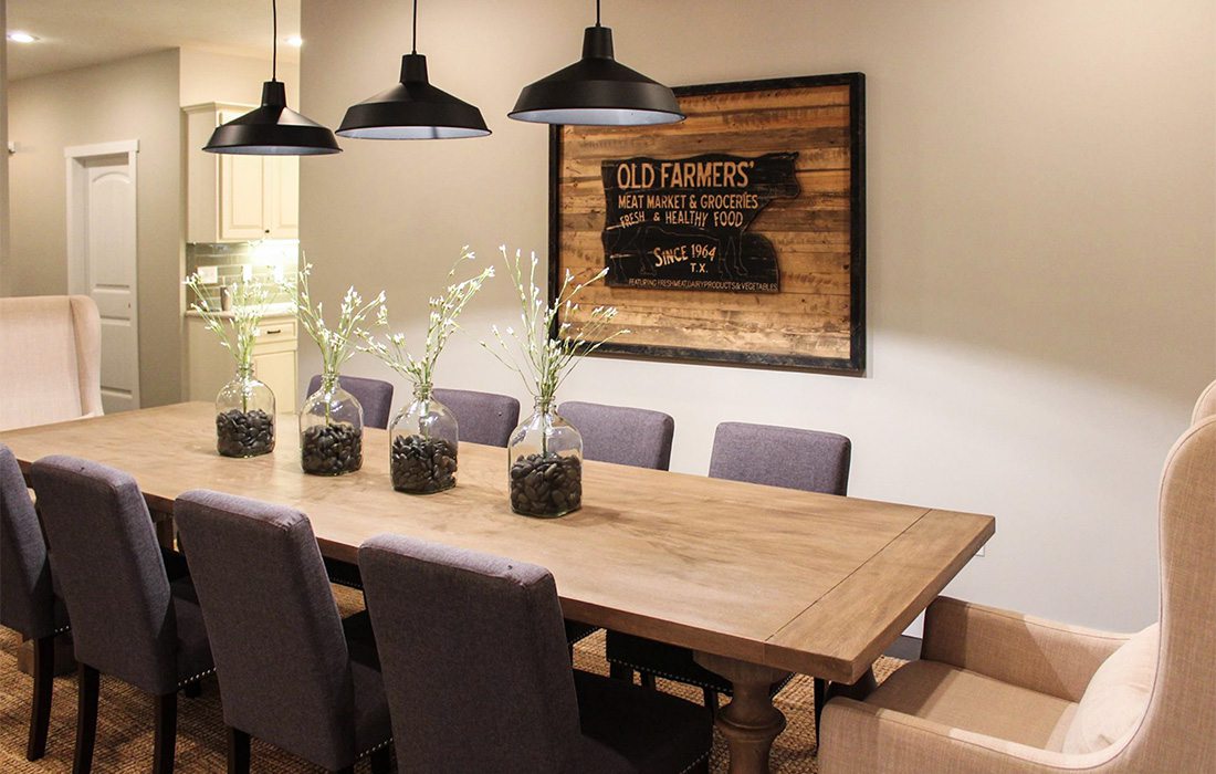 long kitchen table in farmhouse